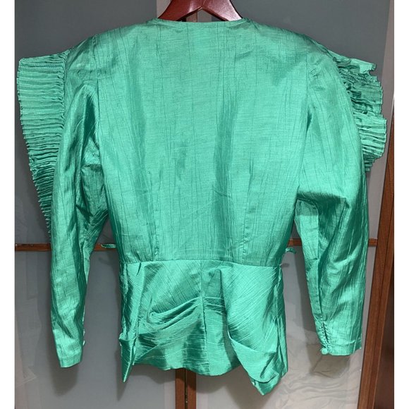 BB Collections Womens Vintage 80s Avant-Garde Green Ruffled Beaded Jacket Size 4 - Picture 2 of 8